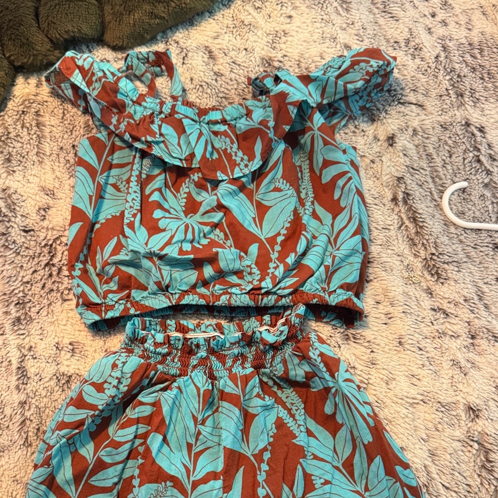 Janie and Jack Brown & Turquoise Leaf Print Girls Romper Set
